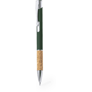 A green metal pen with a cork grip and a silver clip, featuring a sleek design and a logo.