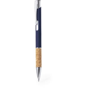 A metal pen with a navy blue barrel and a cork grip, featuring a silver clip and tip.