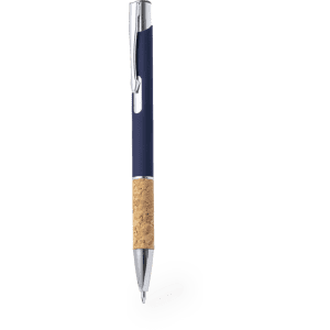 A metal pen with a navy blue barrel and a cork grip, featuring a chrome clip and tip.