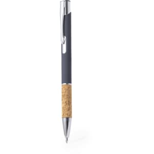 A metal pen with a black body and cork grip, featuring a chrome clip and tip.