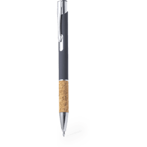 A metal pen featuring a grey body with a cork grip and a shiny silver clip.