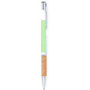 A metal pen with a green section and a cork grip, featuring a chrome clip and tip.