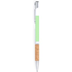 A metal pen with a cork grip and a green section for personalisation. It features a chrome finish.