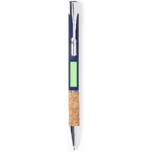 A metal pen with a navy barrel, cork grip, and a green accent. It features a logo on the barrel.