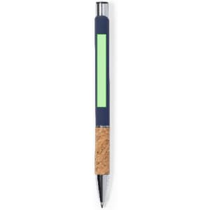 A metallic pen in navy blue with a cork grip and a blank section for branding or personalisation.