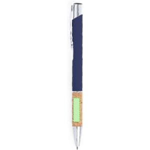 A metal pen with a navy blue body, cork grip, and a green section, featuring a silver clip and tip.