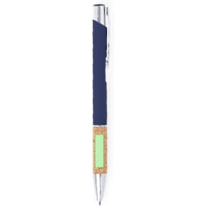 A metal pen with a navy blue grip and a cork accent, featuring a logo on the barrel.