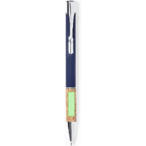 A metal pen in navy blue with a cork grip and a silver clip and tip. It features a branding logo.