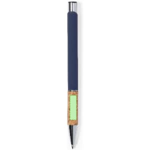 A metal pen with a navy blue body and cork accent, featuring a smooth ballpoint tip and a branding logo.