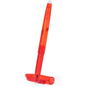 A red erasable pen with a clear body and a white top, positioned upright next to its cap.