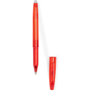 A red erasable pen with a removable cap and a transparent barrel, featuring a brand logo.