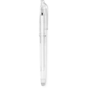An erasable pen in clear plastic featuring a retractable design and a rubber grip. It has a pointed tip.