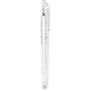 A clear, erasable pen featuring a transparent barrel and a clip. It is designed for smooth writing.