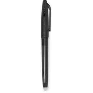 A black erasable pen with a retractable design and a clip for easy attachment. It features a smooth writing tip.