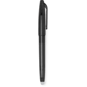 A black erasable pen with a sleek design, featuring a clip and a smooth barrel. It has a branding logo on the side.