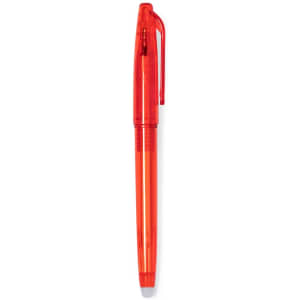 A red erasable pen with a transparent barrel and a clip for easy attachment.