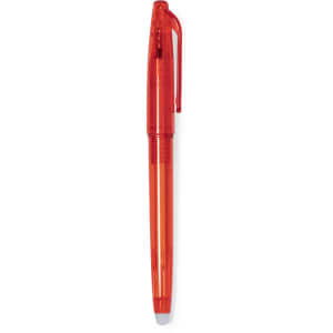 An orange erasable pen with a clear barrel and a clip on the cap, featuring a rubber tip.
