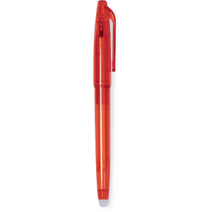 A red erasable pen in a transparent casing, featuring a clip and a smooth design.