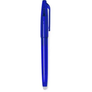 A blue erasable pen with a retractable design and a clip, featuring a logo on the body.