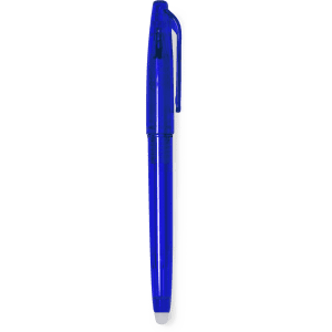 A blue erasable pen with a transparent body and a clip, featuring a logo on the side.