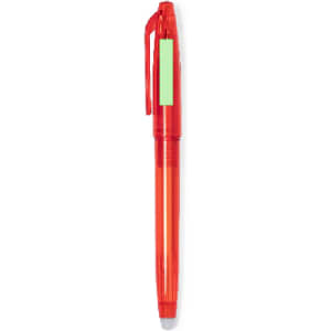 A red erasable pen with a clear barrel and a clip, featuring a branding logo.