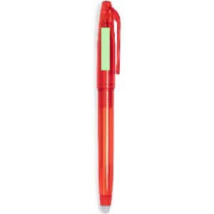 A red erasable pen with a translucent barrel and a clip. Features a green label area.