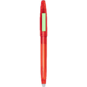 A red erasable pen with a clear body, featuring a green accent and a logo on the barrel.