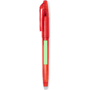 A red erasable pen with a transparent barrel and a light green section. The pen features a logo on its side.