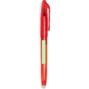 A red erasable pen with a translucent body and a green erasing tip. It features a clip and a branding logo.