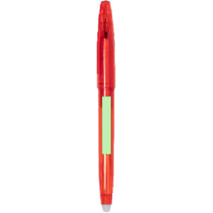 A red erasable pen with a green highlighting section and an attached cap. The pen has a simple logo design.