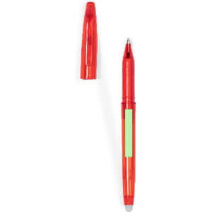 A red erasable pen with a cap removed, featuring a visible writing tip and a smooth body.