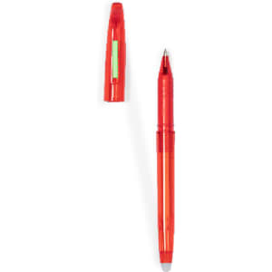 A red erasable pen with a clear cap, featuring an eraser at the opposite end and a branding logo.