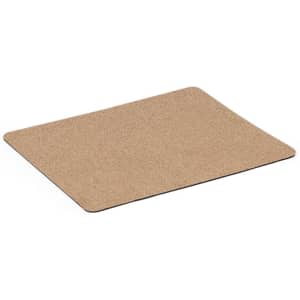 A rectangular mousepad in a natural cork colour with a smooth surface and black edges. It features a logo.