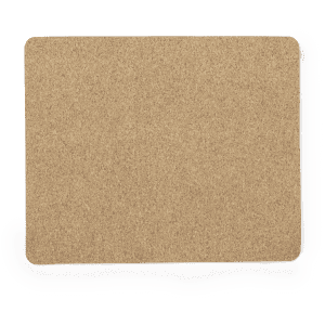 A beige mousepad with a smooth surface and rounded corners, featuring a subtle texture. It includes a logo.