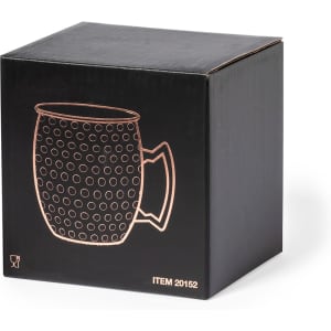 A black box containing a dotted coffee mug, featuring a handle and a logo. The mug is designed for drinkware use.
