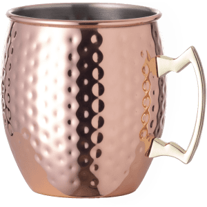 A copper drink mug with a hammered texture and a gold-tone handle, featuring an elegant, rounded shape.