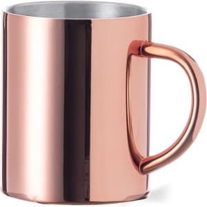 A copper-coloured coffee mug with a sleek metallic finish and a curved handle.