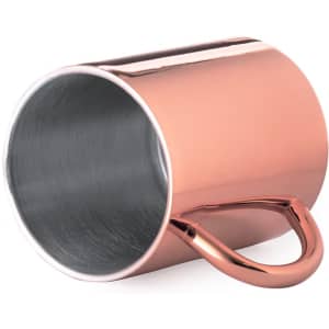 A coffee mug in a shiny rose gold finish with a metallic handle, featuring an interior with a brushed texture.
