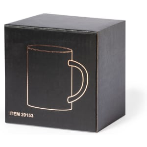 A black box containing a coffee mug, featuring a simple handle design. The box has a logo printed on it.