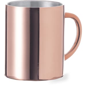 A coffee mug with a shiny copper exterior and a smooth handle, featuring a branding logo.