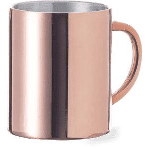 A copper-coloured coffee mug with a smooth, shiny surface and a curved handle. It features a logo.