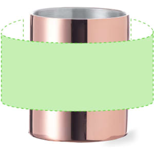 A copper-finished mug with a shiny surface and a blank green label around its middle.