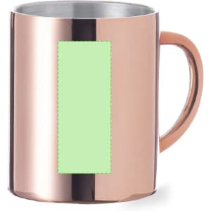 A coffee mug in a rose gold finish with a green rectangular section and a handle. It has a logo on the surface.