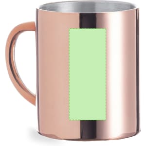 A coffee mug in a shiny rose gold finish with a mint green blank area for customisation. It features a handle and metallic interior.
