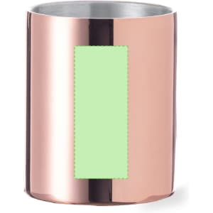 A coffee mug with a shiny copper exterior and a silver interior, featuring a blank green rectangle area.