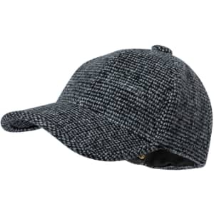 A grey checkered cap with a curved brim and a small top button. It features a logo.