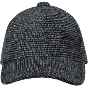 A grey patterned cap with a rounded peak and a small, rounded top button, featuring a logo on the front.