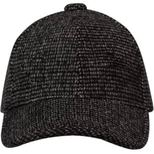 A grey and black patterned cap featuring a structured brim and a rounded top with a logo.