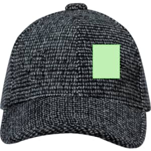 A grey textured cap with a green square on the side. It features a classic baseball cap design and has a logo.