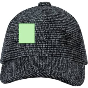 A grey cap with a textured fabric and a square patch on the front. It features a rounded crown and curved brim.